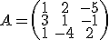 A = \left(\begin{array}{ccc}1&2&-5\\3&1&-1\\1&-4&2\end{array}\right)\left